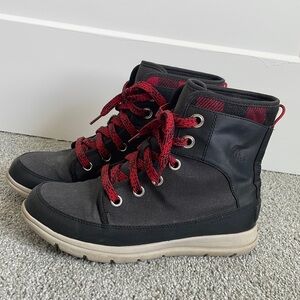 Sorel winter booties, black with red plaid detailing, size 10.5